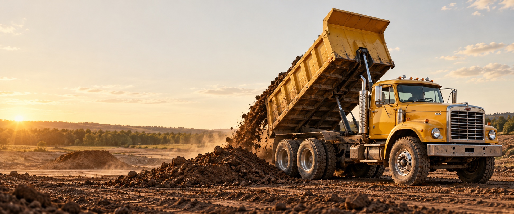 Illustration of a yellow dump truck unloading earth at sunset